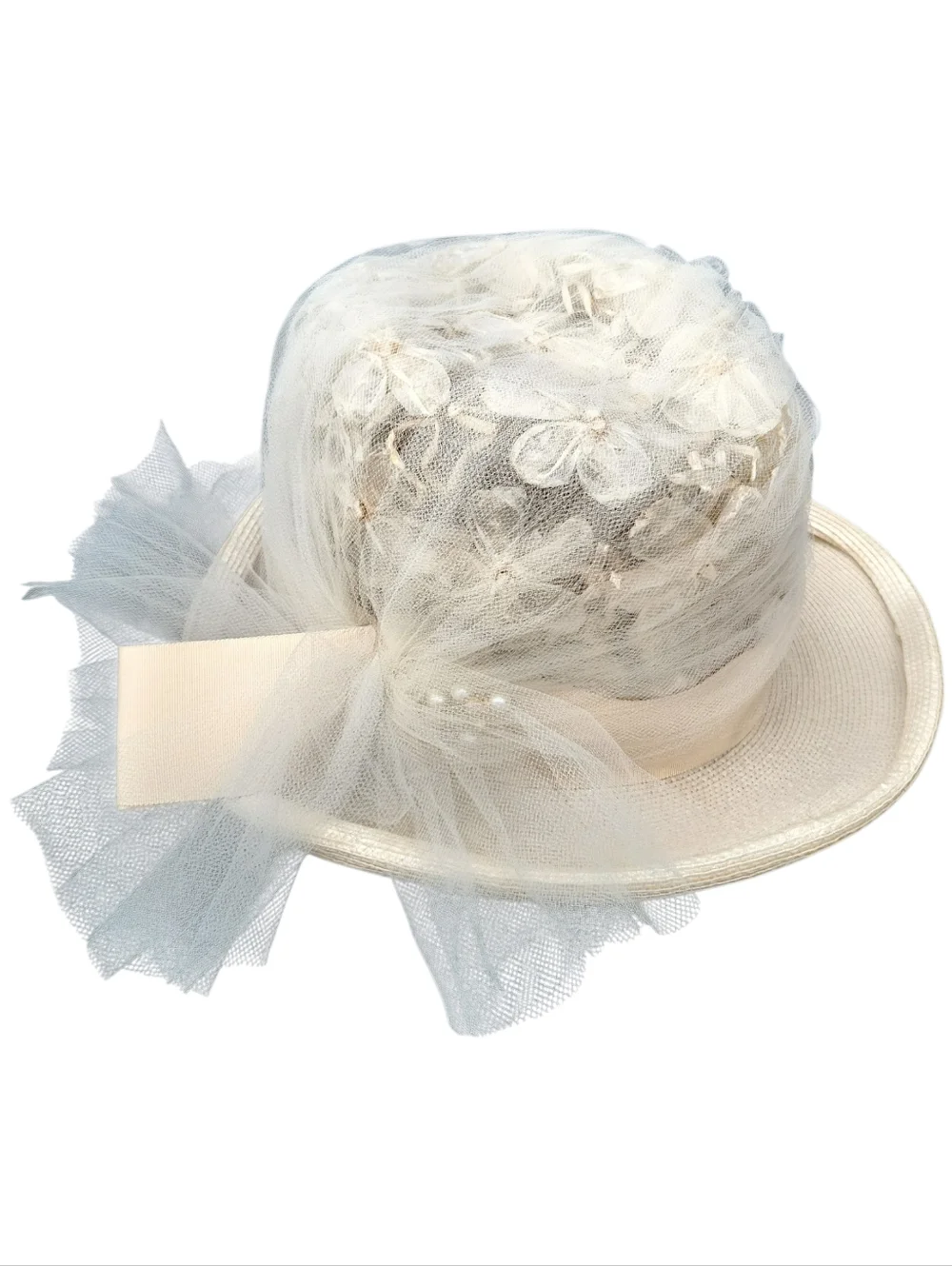 Vintage 60's Beige Floral Tulle Brim Cloche Hat ~Kentucky Derby~Garden Party - Picture 1 of 16
